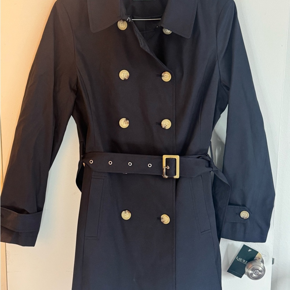 Ralph Lauren Black Double-Breasted Trench Coat Women’s Size Large NWT